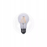 Przezroczysta żarówka LED filament z trzonkiem E27 obok opakowania