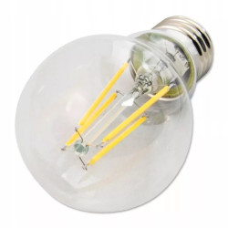 Przezroczysta żarówka LED filament z trzonkiem E27 obok opakowania