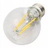 Przezroczysta żarówka LED filament z trzonkiem E27 obok opakowania