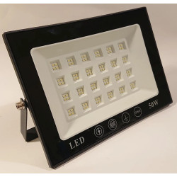 czarny panel LED 50W z białym wnętrzem, metalowym uchwytem i symbolami IP66, 50W na froncie