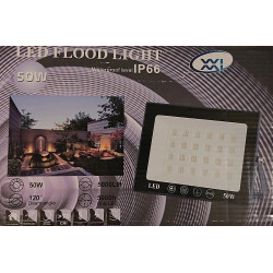 czarny panel LED 50W z białym wnętrzem, metalowym uchwytem i symbolami IP66, 50W na froncie