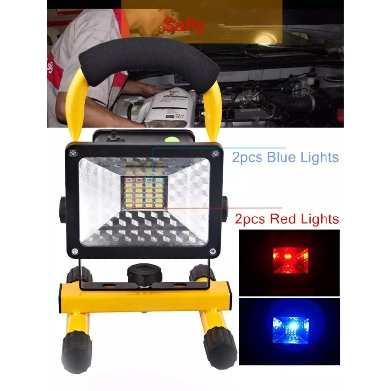 Akumulatorowy halogen LED 10W z uchwytem i żółtą podstawą, widoczne diody SMD i reflektor