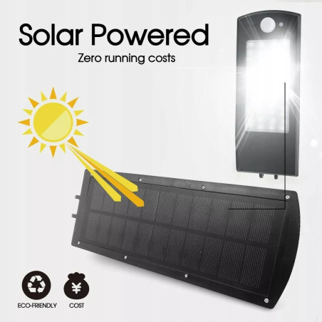 Czarna lampa solarna LED z panelem solarnym, czujnikiem ruchu i pilotem