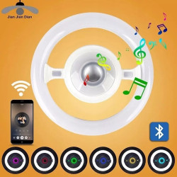 Biały żyrandol LED z wbudowanym głośnikiem Bluetooth, okrągły kształt, świecący