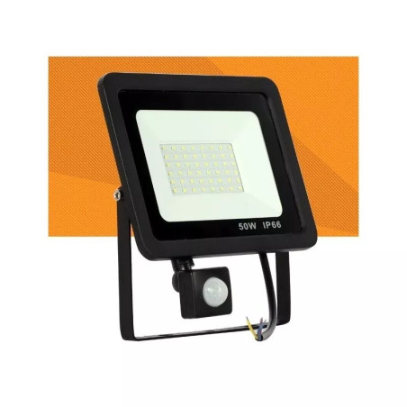 Czarny halogen LED 50W z czujnikiem ruchu PIR i białym panelem świecącym