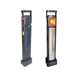 Czarna latarka solarna LED z 48 diodami, obrotowym uchwytem i panelem solarnym na tylnej stronie