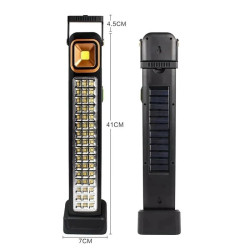 Czarna latarka solarna LED z 48 diodami, obrotowym uchwytem i panelem solarnym na tylnej stronie