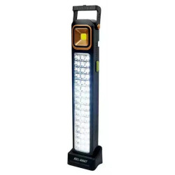 Czarna latarka solarna LED z 48 diodami, obrotowym uchwytem i panelem solarnym na tylnej stronie