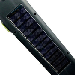 Czarna latarka solarna LED z 48 diodami, obrotowym uchwytem i panelem solarnym na tylnej stronie