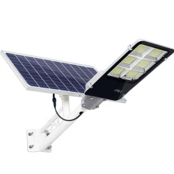 Latarnia solarna LED uliczna z panelem solarnym, mocowaniem i pilotem, biała obudowa, czarny panel lampy z diodami