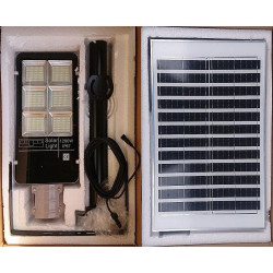 Latarnia solarna LED uliczna z panelem solarnym, mocowaniem i pilotem, biała obudowa, czarny panel lampy z diodami