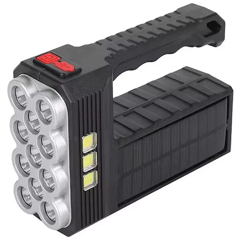 Czarna przenośna latarka z panelem solarnym, 11 LED i 3 modułami COB, uchwyt i włącznik na górze