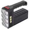 Czarna przenośna latarka z panelem solarnym, 11 LED i 3 modułami COB, uchwyt i włącznik na górze