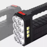 Czarna przenośna latarka z panelem solarnym, 11 LED i 3 modułami COB, uchwyt i włącznik na górze