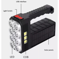 Czarna przenośna latarka z panelem solarnym, 11 LED i 3 modułami COB, uchwyt i włącznik na górze