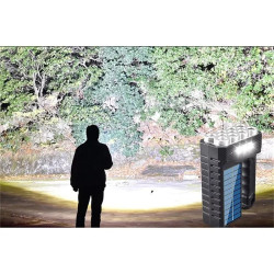 Czarna przenośna latarka z panelem solarnym, 11 LED i 3 modułami COB, uchwyt i włącznik na górze
