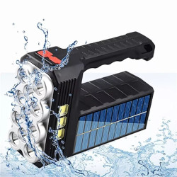 Czarna przenośna latarka z panelem solarnym, 11 LED i 3 modułami COB, uchwyt i włącznik na górze