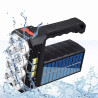 Czarna przenośna latarka z panelem solarnym, 11 LED i 3 modułami COB, uchwyt i włącznik na górze