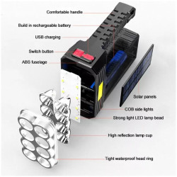 Czarna przenośna latarka z panelem solarnym, 11 LED i 3 modułami COB, uchwyt i włącznik na górze