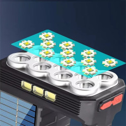Czarna przenośna latarka z panelem solarnym, 11 LED i 3 modułami COB, uchwyt i włącznik na górze