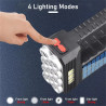 Czarna przenośna latarka z panelem solarnym, 11 LED i 3 modułami COB, uchwyt i włącznik na górze