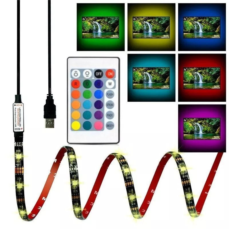 Taśma LED RGB 2m z pilotem i zasilaniem USB, pokazująca różne kolory i efekty świetlne