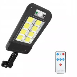 Czarna lampa ścienna solarna z panelem LED, czujnikiem ruchu i pilotem