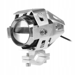 Halogen LED motocyklowy z metalową obudową i wbudowanym włącznikiem zamontowany na kierownicy