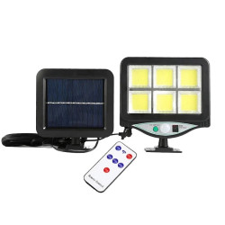 Czarna lampa solarna z 6 modułami LED COB, panel solarny i pilot zdalnego sterowania