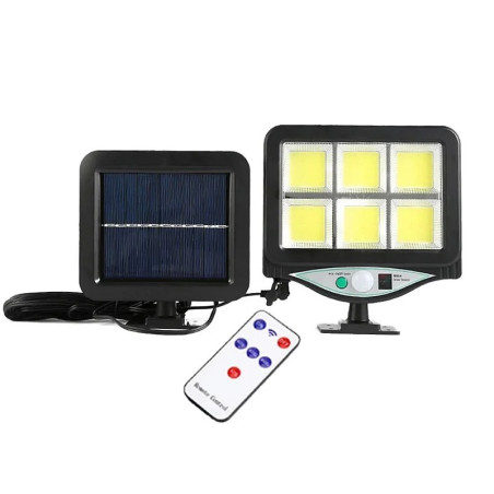 Czarna lampa solarna z 6 modułami LED COB, panel solarny i pilot zdalnego sterowania
