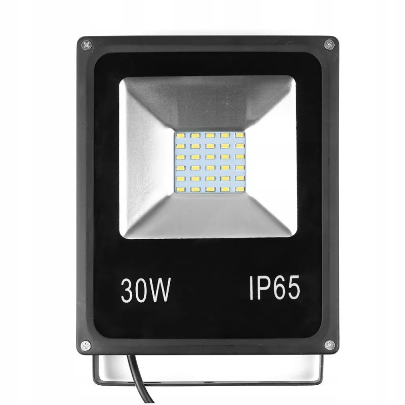 Czarny naświetlacz LED 30W z kwadratową matrycą 30 diod i oznaczeniami 30W, IP65