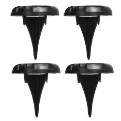 Zestaw 4 czarnych lamp solarnych wbijanych do ziemi z widocznym panelem i diodami LED