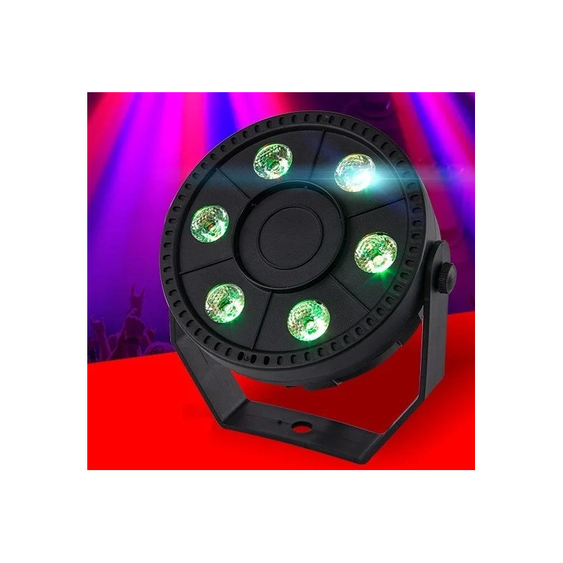 Czarny mini reflektor stroboskopowy LED z 6 diodami RGB i uchwytem montażowym