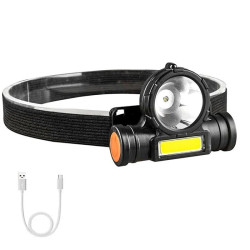 Czarna latarka czołowa z diodami LED T6 i COB oraz kablem USB do ładowania
