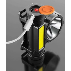 Czarna latarka czołowa z diodami LED T6 i COB oraz kablem USB do ładowania