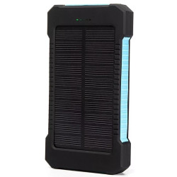 Power bank solarny czarno-pomarańczowy z panelem słonecznym i białym kablem USB