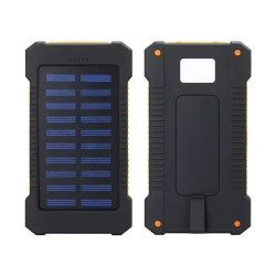Power bank solarny czarno-pomarańczowy z panelem słonecznym i białym kablem USB