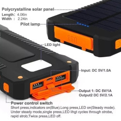 Power bank solarny czarno-pomarańczowy z panelem słonecznym i białym kablem USB