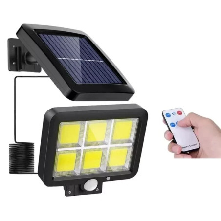 Ścienna czarna lampa solarna z panelem i pilotem, sześć diod COB