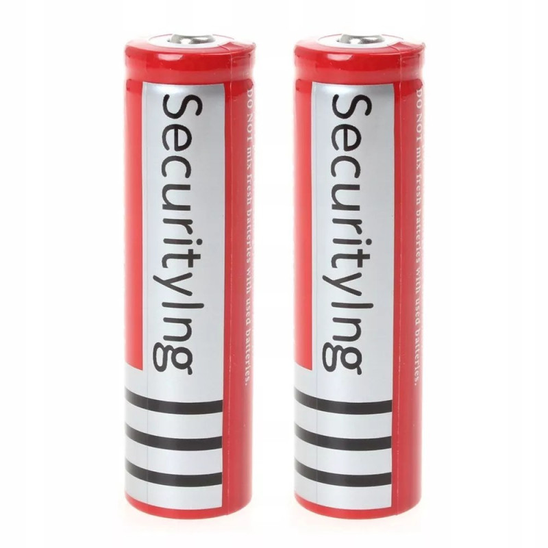 dwa czerwone akumulatory litowo-jonowe 18650 4200 mAh w pionie i poziomie