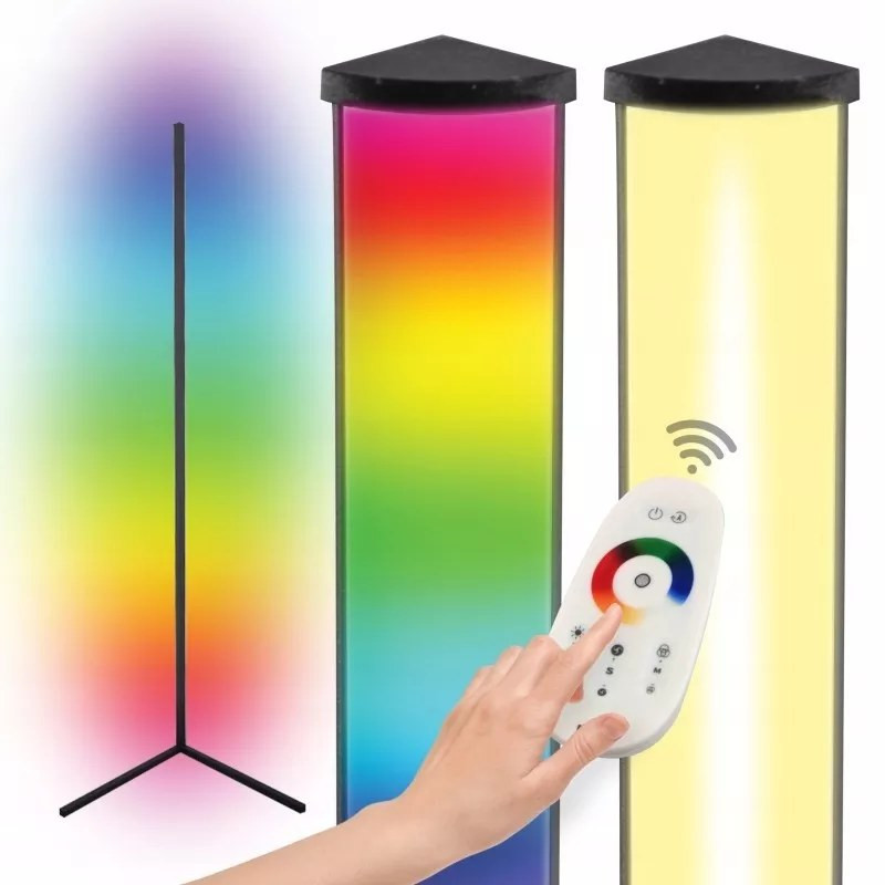Czarna podłogowa lampa LED RGBW o wysokości 140 cm z pilotem i kolorowym światłem