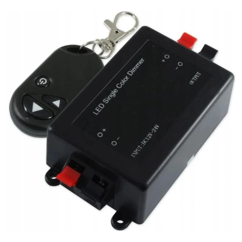 Sterownik ściemniacz LED 12V 8A z pilotem radiowym, czarna obudowa, pilot z klipsem