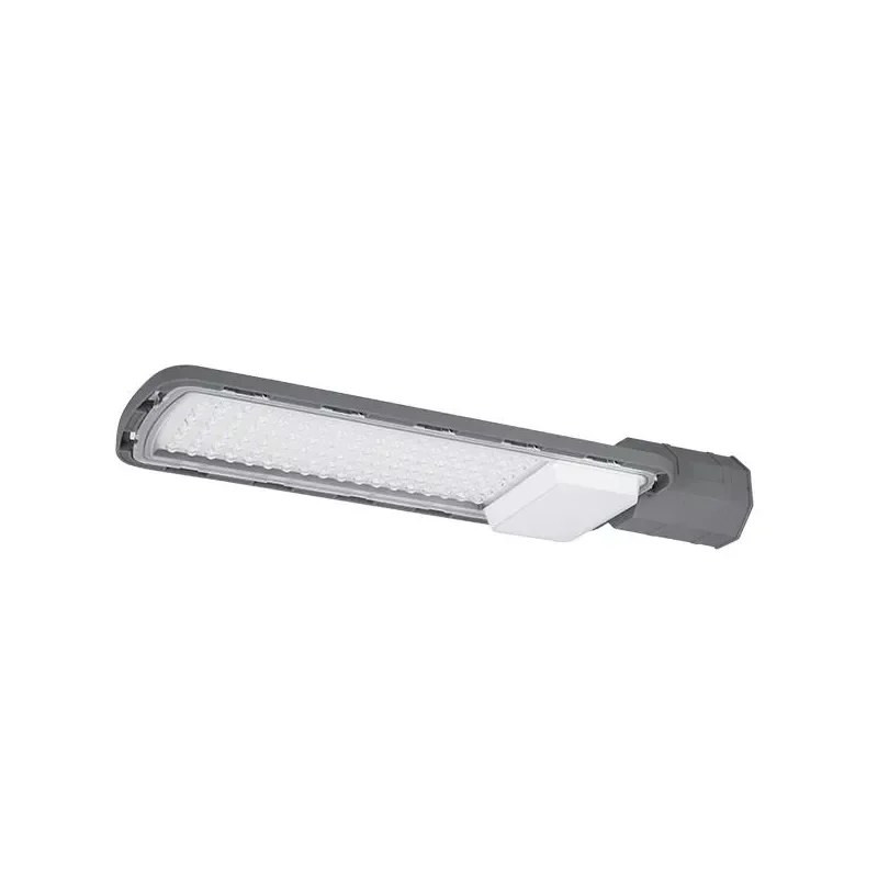 Latarnia uliczna LED 100W o smukłym, szarym korpusie z białą osłoną modułu LED