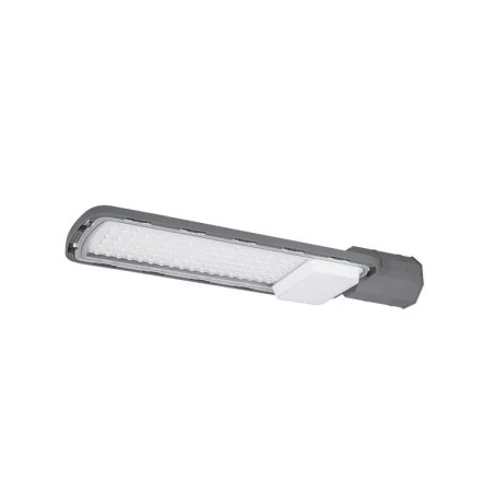 Latarnia uliczna LED 100W o smukłym, szarym korpusie z białą osłoną modułu LED