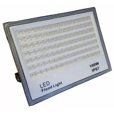 Halogen LED 100W z cienką obudową i widocznymi diodami LED w rzędach, zamocowany na metalowym uchwycie