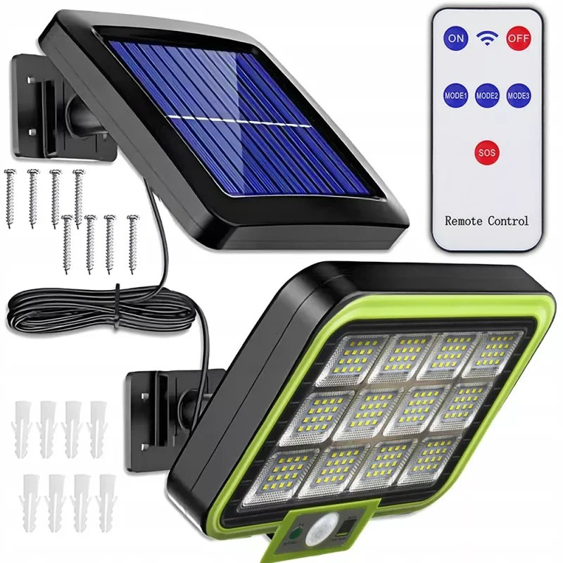 Czarna ścienna lampa solarna z panelem, kablem i białym pilotem z przyciskami
