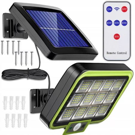 Czarna ścienna lampa solarna z panelem, kablem i białym pilotem z przyciskami