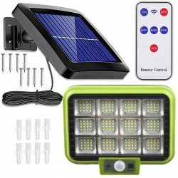 Czarna ścienna lampa solarna z panelem, kablem i białym pilotem z przyciskami