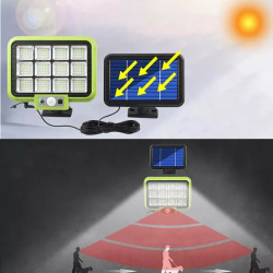Czarna ścienna lampa solarna z panelem, kablem i białym pilotem z przyciskami