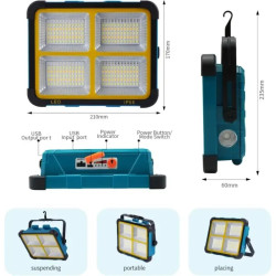Przenośny halogen LED 150W z panelami solarnymi i kablem USB do ładowania urządzeń